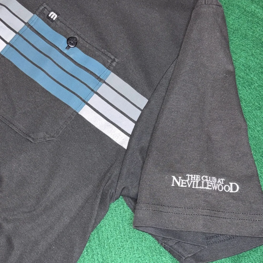 Travis Mathew Black Polo with Blue and Gray Stripes
